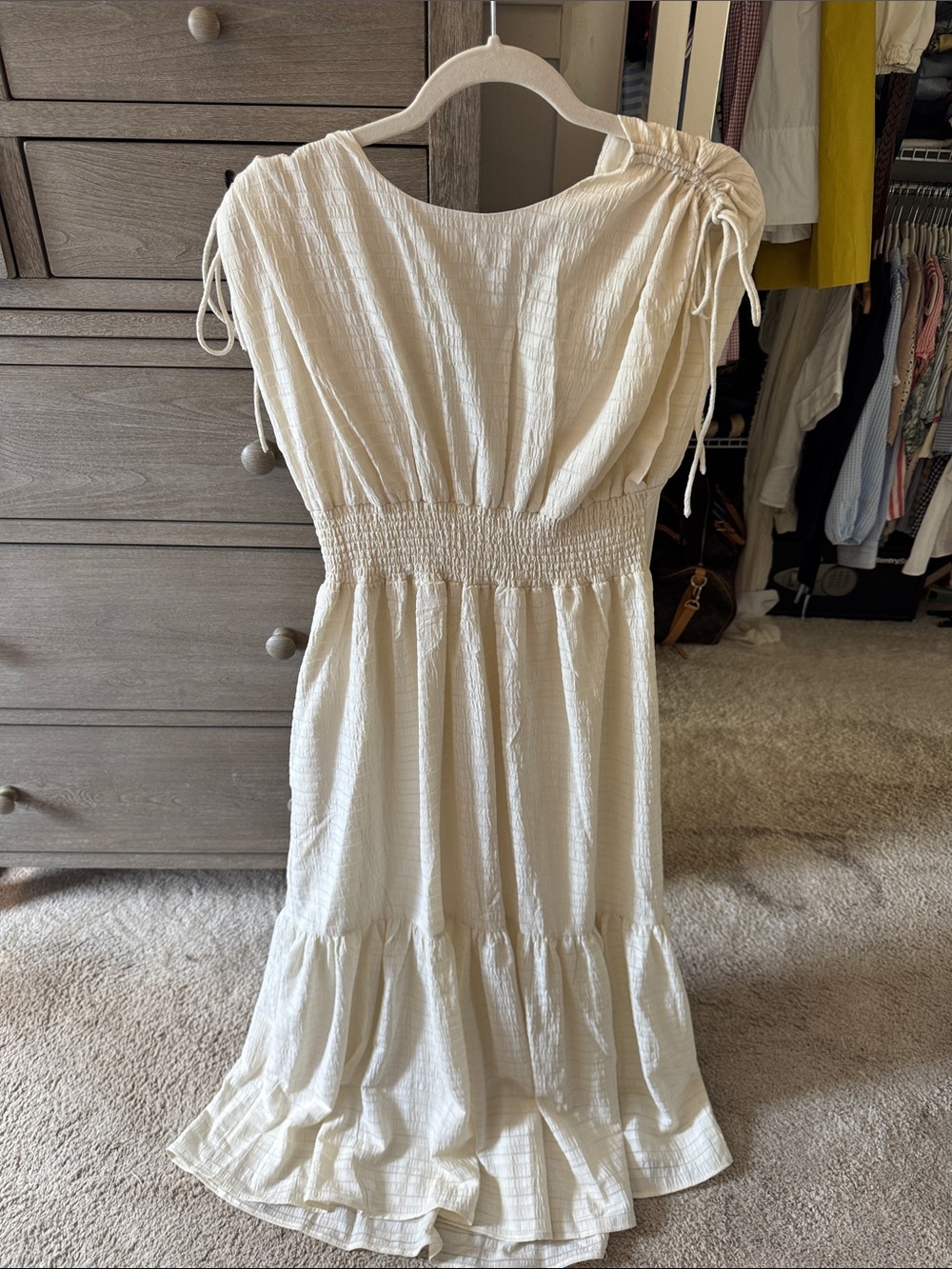 MELLODAY Cream Smocked-Waist Maxi Dress with Adjustable Shoulder Ties